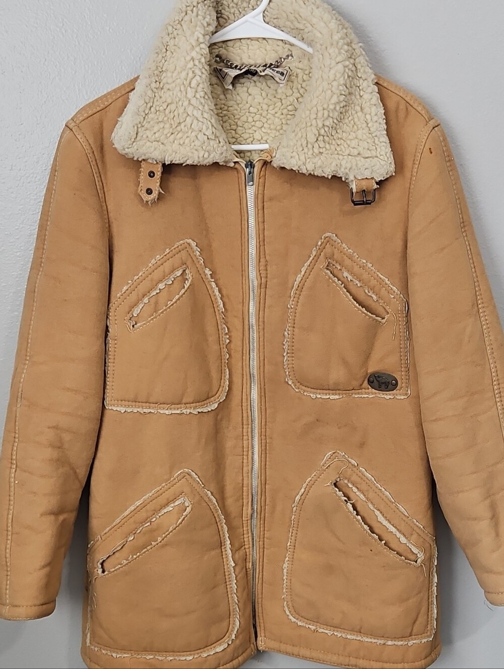 Rare Vintage Camel Brand Sherpa-Lined Zip Front Coat